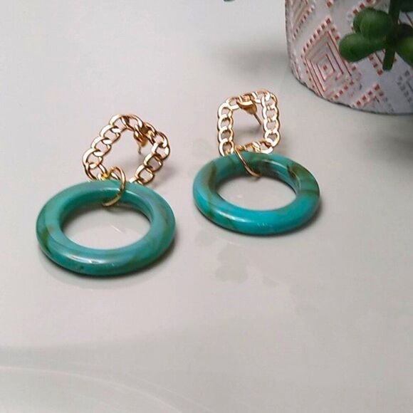 Aqua & Green Swirl Acrylic Hoop Drop Earrings. - Picture 2 of 3